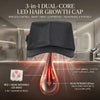 A black LED hair growth cap is shown with diagrams illustrating red and near-infrared light penetrating the skin.