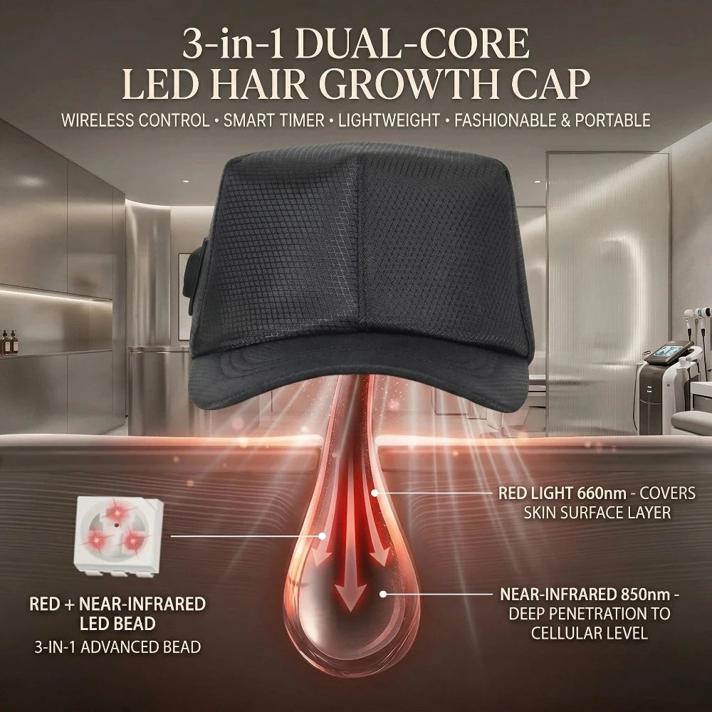 A black LED hair growth cap is shown with diagrams illustrating red and near-infrared light penetrating the skin.