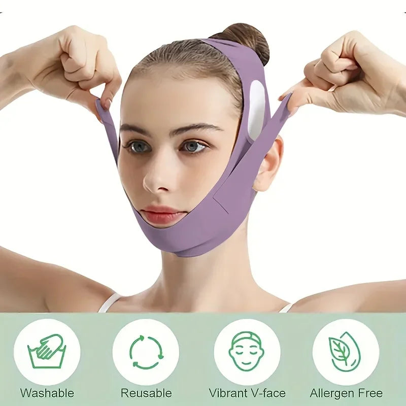 A woman is wearing a purple graphene fiber face lift band for jawline definition.