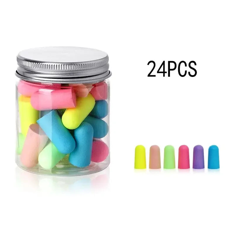 A jar containing 24 pairs of colorful memory foam earplugs for noise reduction.