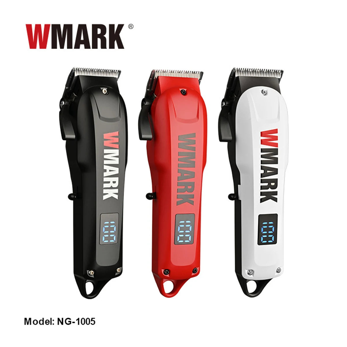 Three versions of the WMARK NG-1005 electric hair clipper in black, red, and white.