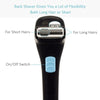 A black folding back shaver with an on/off switch and adjustable foil for both short and long hair.