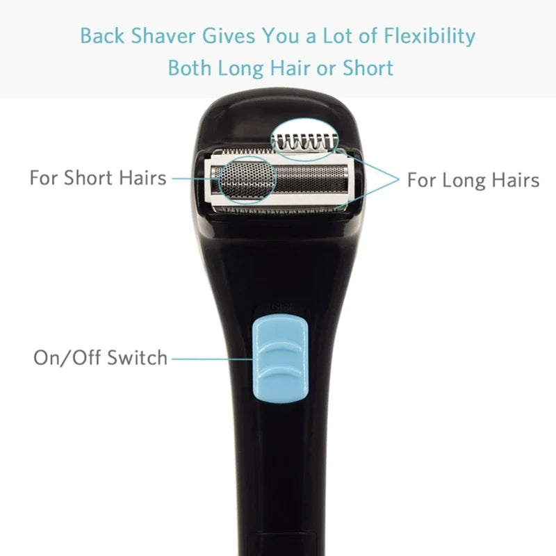 A black folding back shaver with an on/off switch and adjustable foil for both short and long hair.