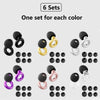 A collection of silicone ear plugs in various colors and sizes, packaged in six sets.