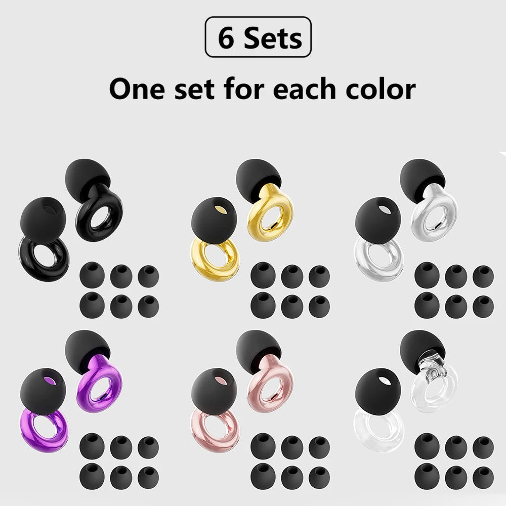 A collection of silicone ear plugs in various colors and sizes, packaged in six sets.