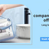 A hand holds a portable water flosser in a blue case, demonstrating its use for home, office, and travel.
