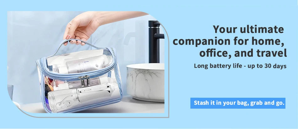 A hand holds a portable water flosser in a blue case, demonstrating its use for home, office, and travel.