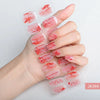 A hand displays a set of red and pink Halloween UV gel nail stickers applied to fingernails.