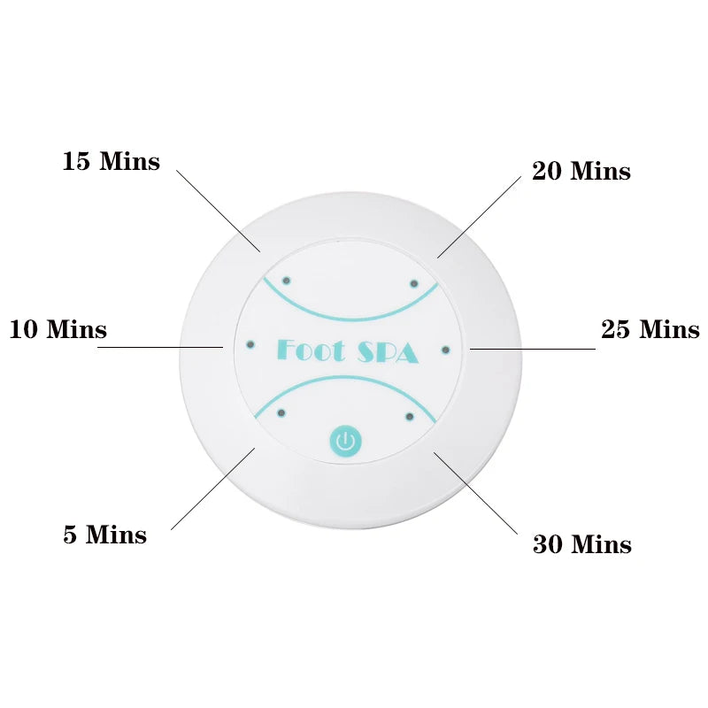 A white electronic foot spa massager with time settings ranging from 5 to 30 minutes.