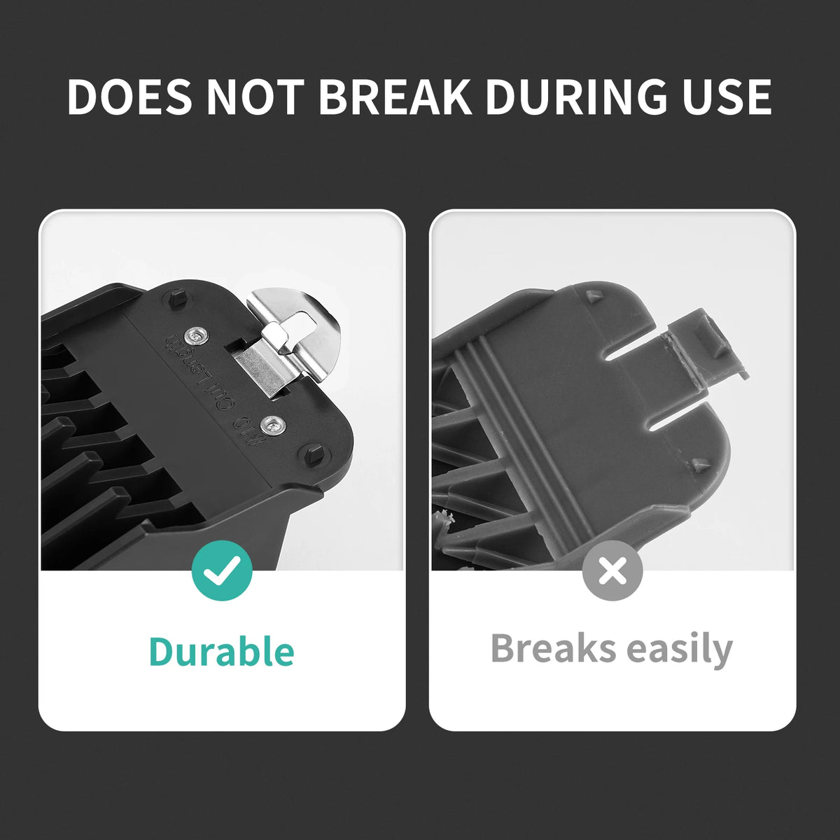 Comparison showing a durable precision cutting guide that does not break during use versus one that breaks easily.