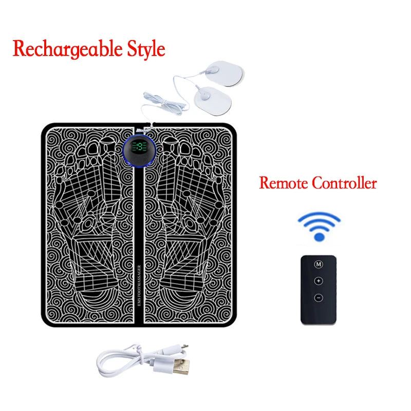 A portable EMS foot massager device with a display, remote controller, and power cord.