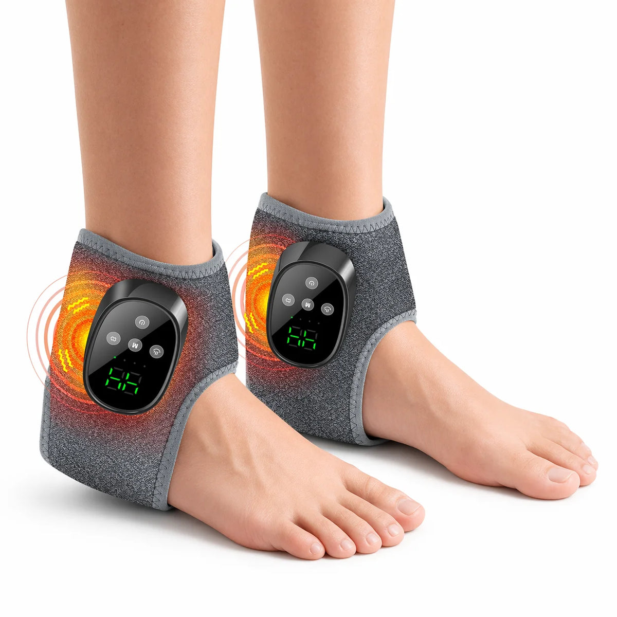 A person's ankle is shown wearing a gray massager with orange heat lines, demonstrating the portable heated vibration ankle m