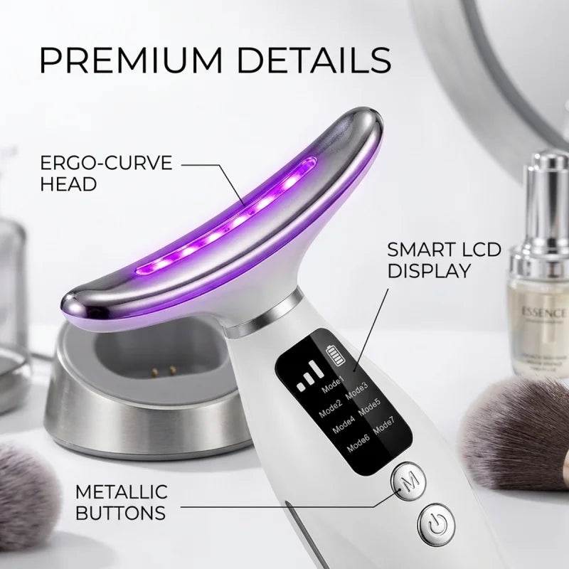 A close-up of a white face and neck massager with an ergo-curve head, smart LCD display, and metallic buttons.