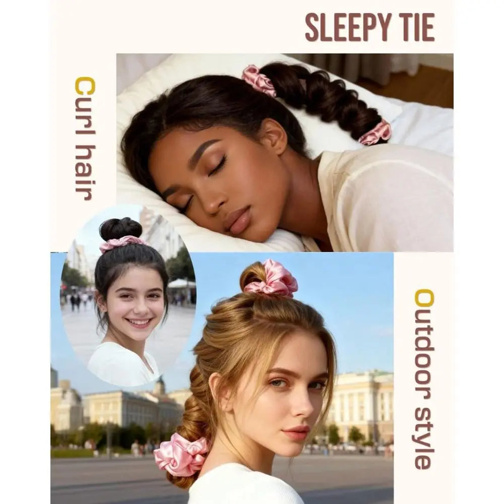 A woman with curly hair is shown in a close-up, alongside images demonstrating sleepy and outdoor styles.