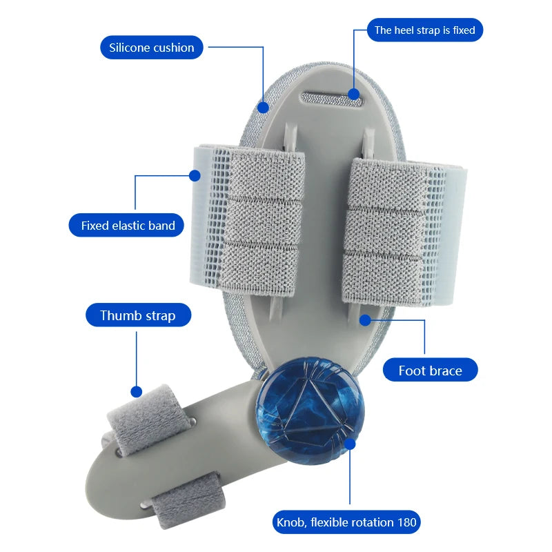 Attelle de pied grise ajustable avec coussin en silicone, bande élastique fixe, sangle pour pouce et bouton pour la rotation 