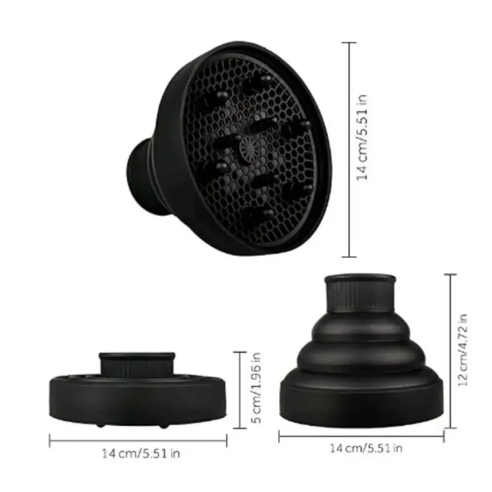 Black silicone hairdryer diffuser cover with a perforated mesh design.