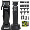A black electric hair clipper set with various guards and attachments displayed on a stand.