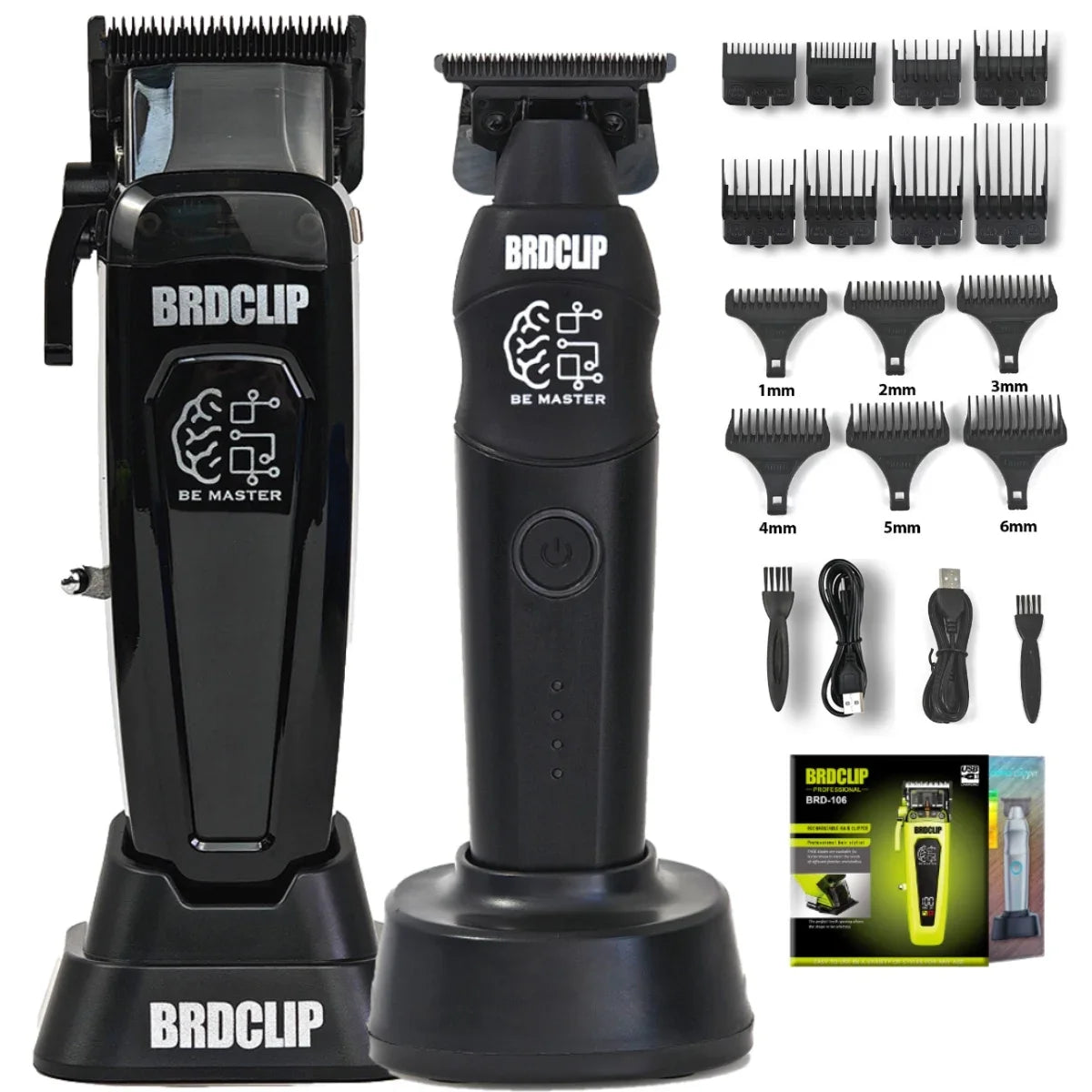 A black electric hair clipper set with various guards and attachments displayed on a stand.