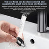 A hand is rinsing a black trimmer head under running water in a sink to clean the hair residue.