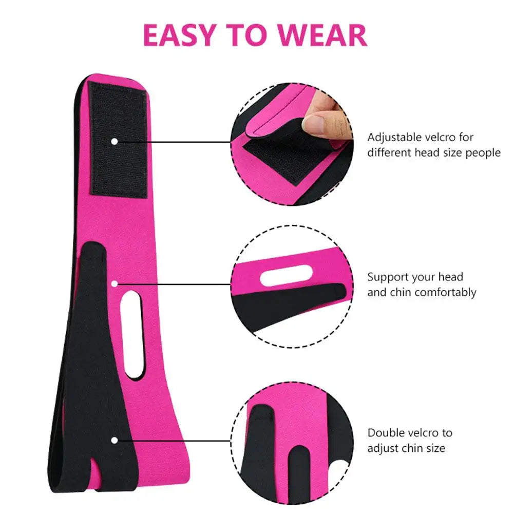 Pink and black facial slimming strap with adjustable velcro for comfortable head and chin support