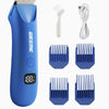 A blue precision LED hair removal trimmer with multiple interchangeable attachments shown on a white background.