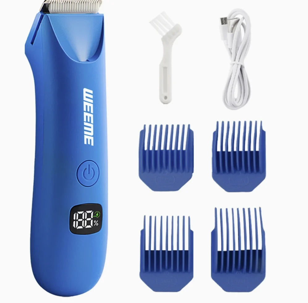 A blue precision LED hair removal trimmer with multiple interchangeable attachments shown on a white background.