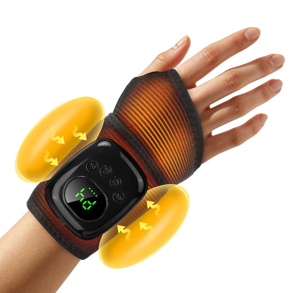 A hand is holding a black pneumatic massager device with yellow silicone pads on the fingers.