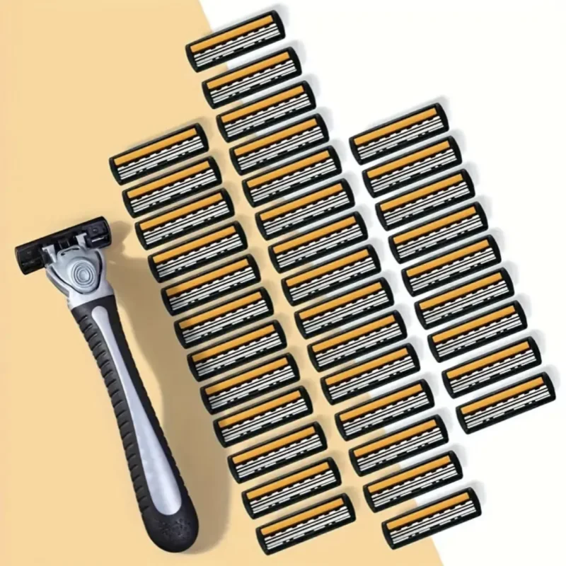 A stainless steel safety razor with a replaceable triple-blade head and multiple blades laid out on a light background.