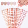 A set of matte pink French press on artificial fingernails displayed in various shades and an arrangement on a nail stick.