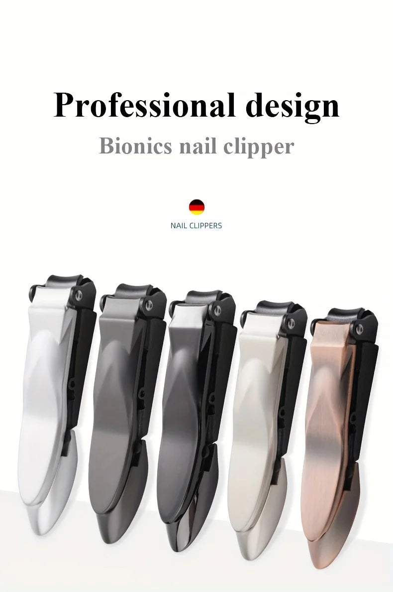 A set of five professional design Bionics nail clippers in various colors and finishes.
