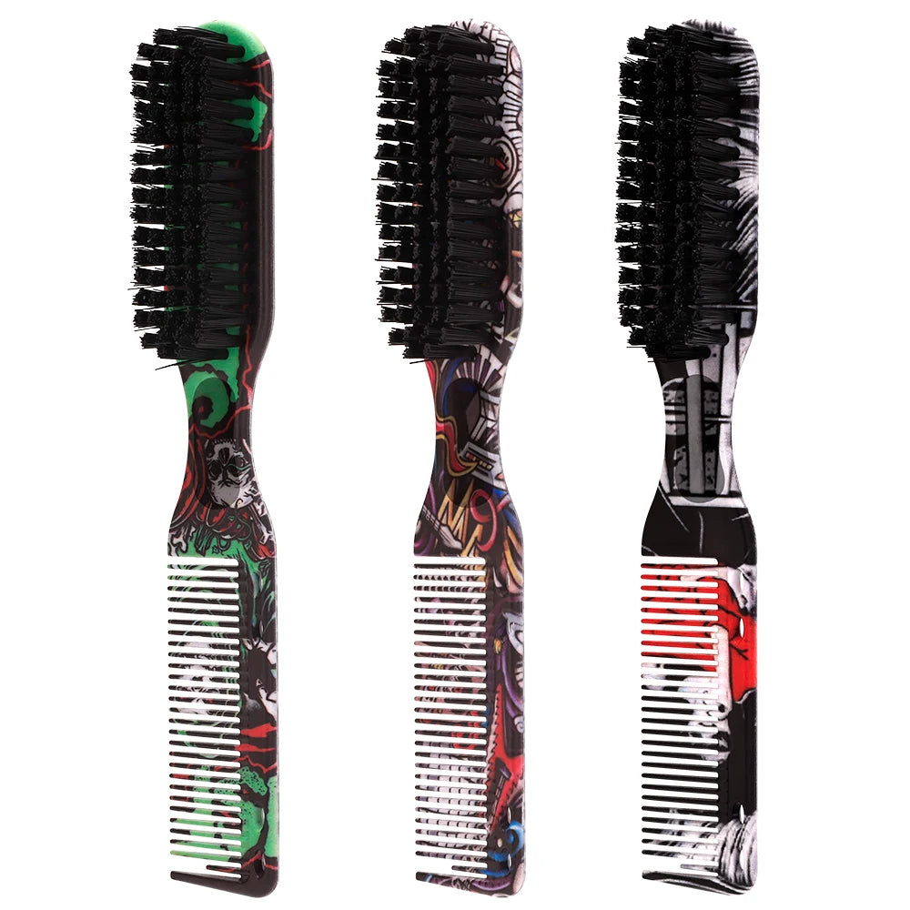 A set of professional beard styling brushes featuring black and colored handles and bristled combs.