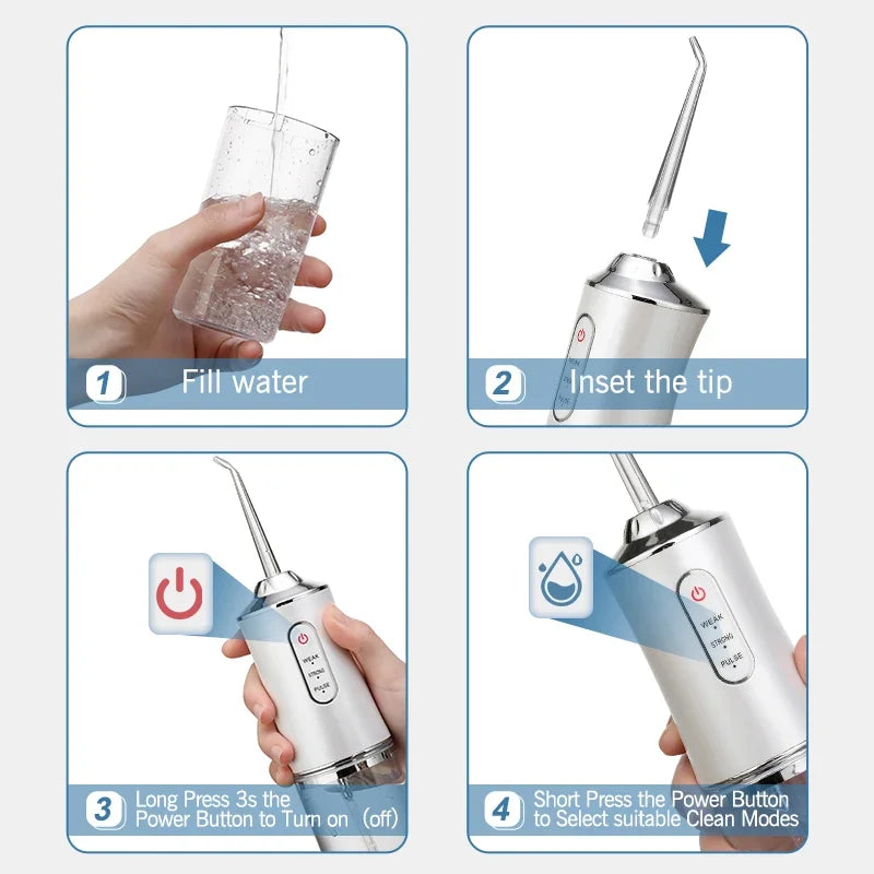 Instructions showing how to fill water, insert the tip, turn on the device, and select cleaning modes for an oral irrigator.