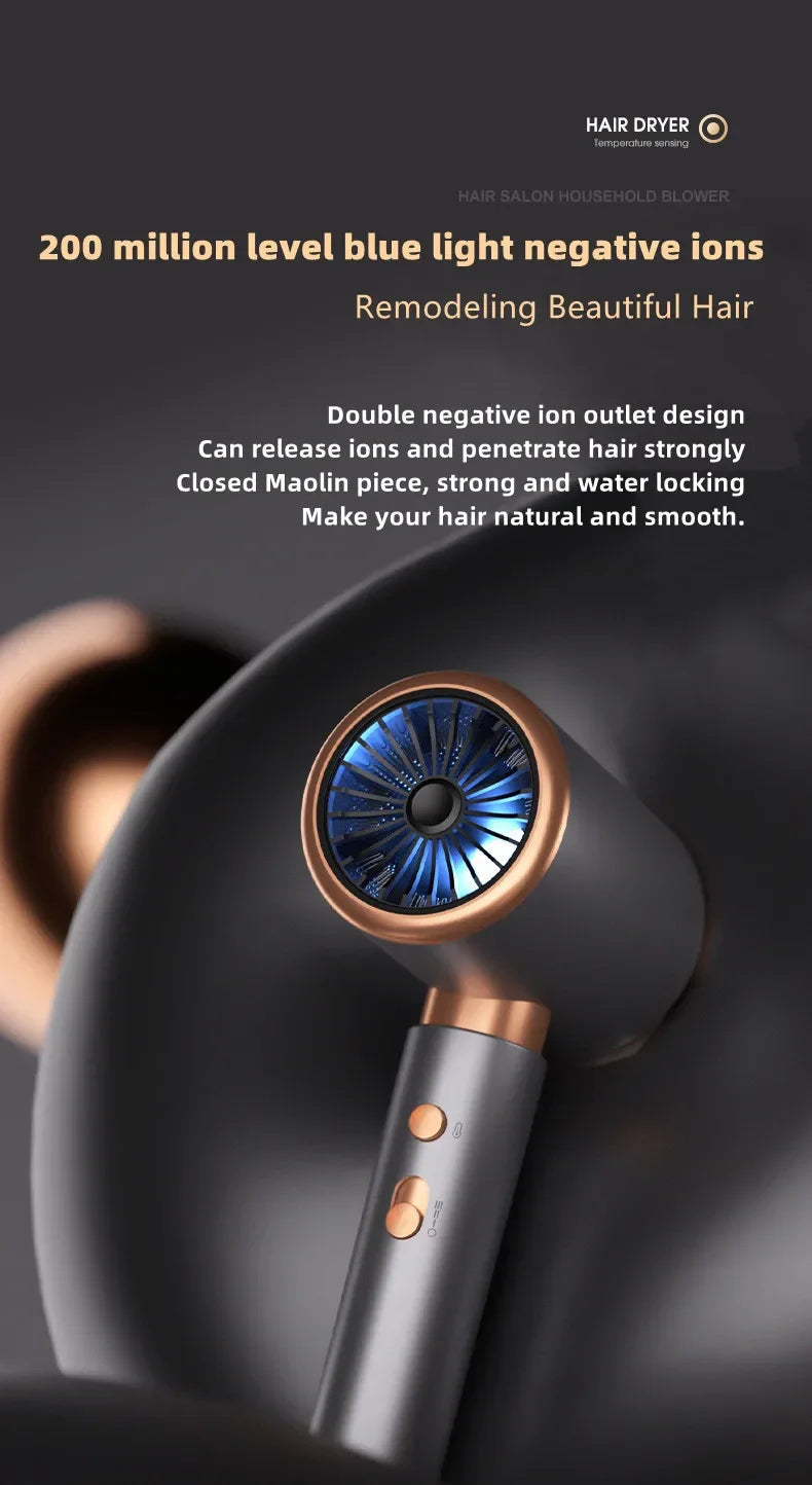 A close-up view of a black hair dryer with a round blue light feature and a gold accent, shown in use.