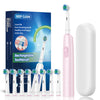 A box and several pink electric rechargeable toothbrushes are displayed against a white background.