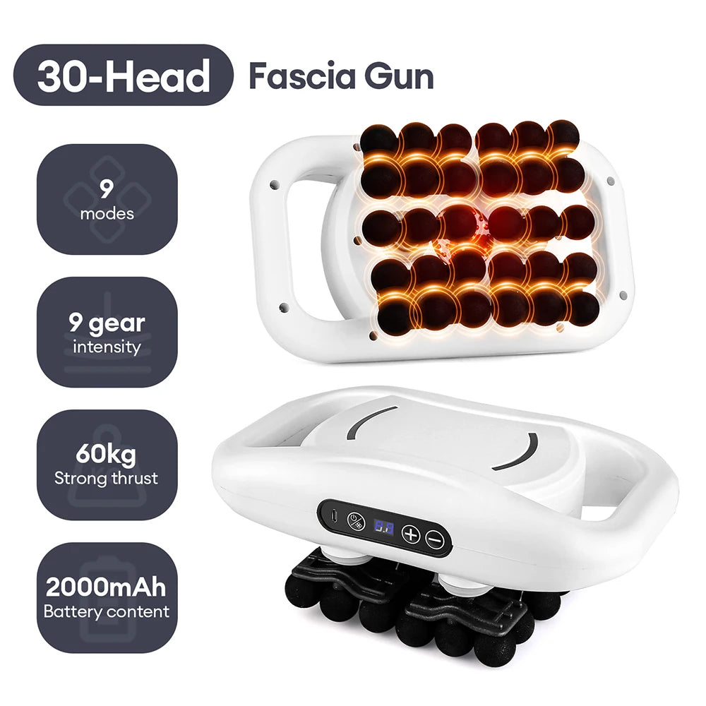 A white 30-head fascia gun massage device with a handle and multiple massage heads shown next to its battery and gear specifi