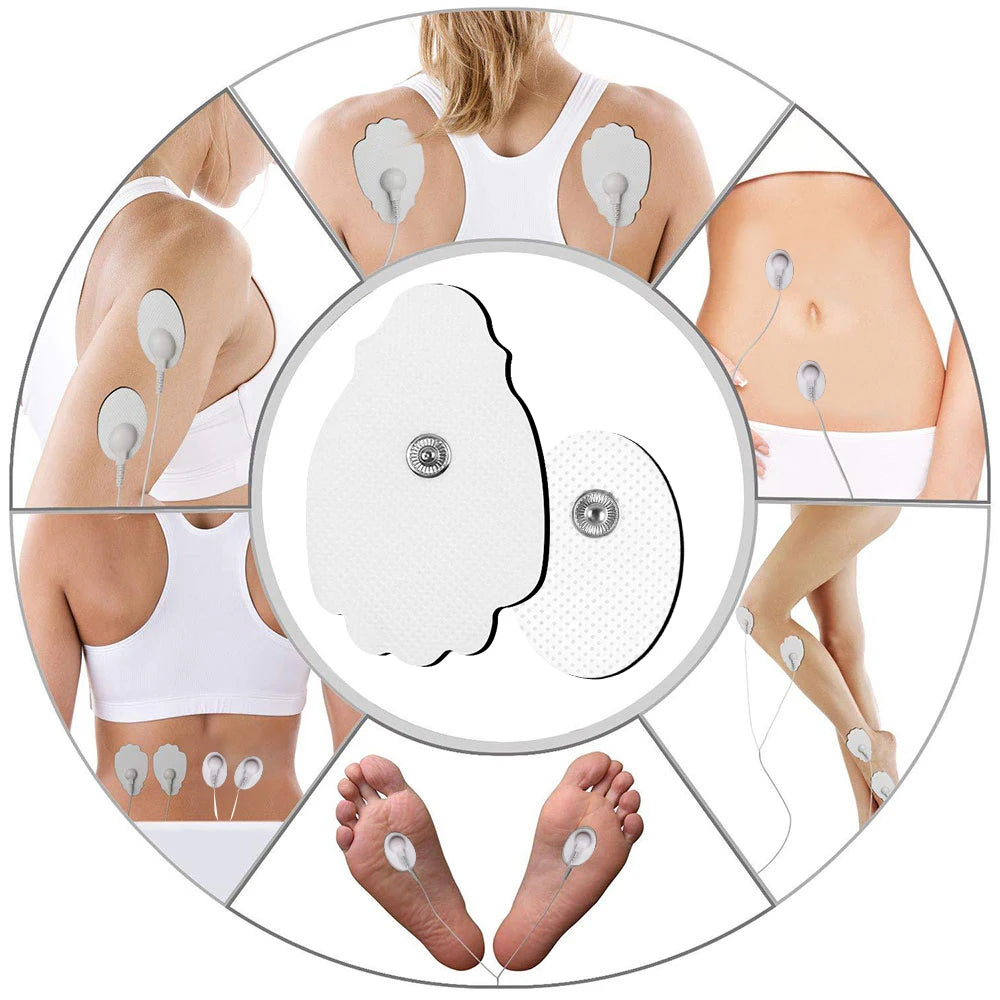 Diagram showing placement of EMS muscle stimulator electrode pads on the body for muscle stimulation.