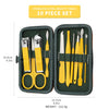 A set of ten stainless steel beauty tools in a green case, including various manicure and pedicure instruments.
