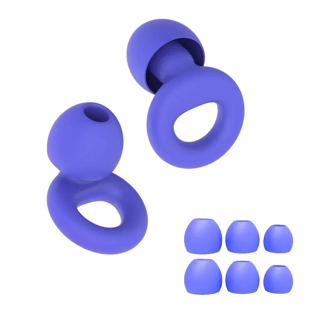 A set of purple silicone earplugs for noise reduction