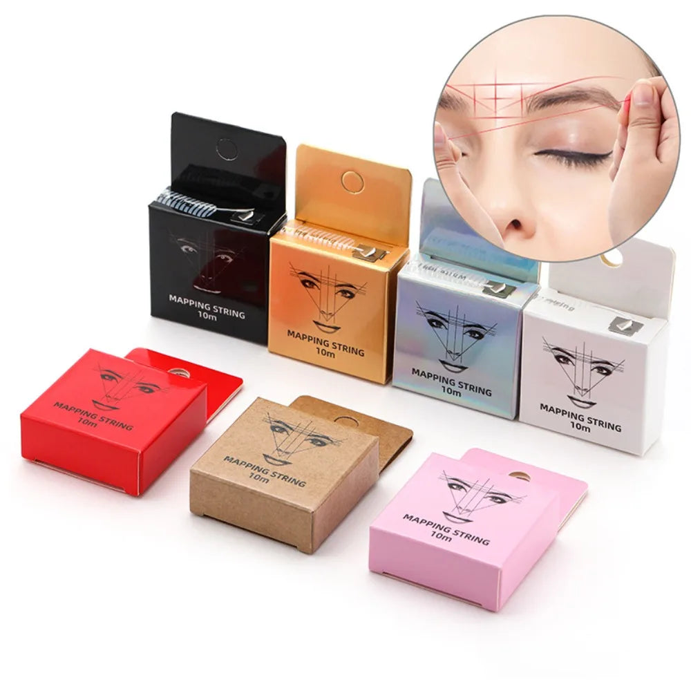 Various colored boxes and a close-up of an eyebrow mapping thread for microblading