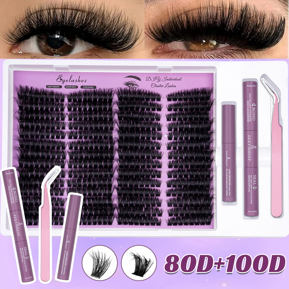 DIY-Kit für Wimpernverlängerungen mit verschiedenen Wimpertypen, Kleber und Pinzetten.