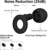 Diagram showing noise reduction before and after using an acoustic filter ring for silicone ear plugs.