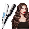 A professional dual voltage hair straightener iron in white and black shown next to a woman with long brown wavy hair.