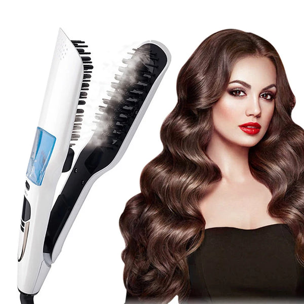 Plancha de cabello profesional de doble voltaje en blanco y negro junto a una mujer con cabello castaño ondulado largo.