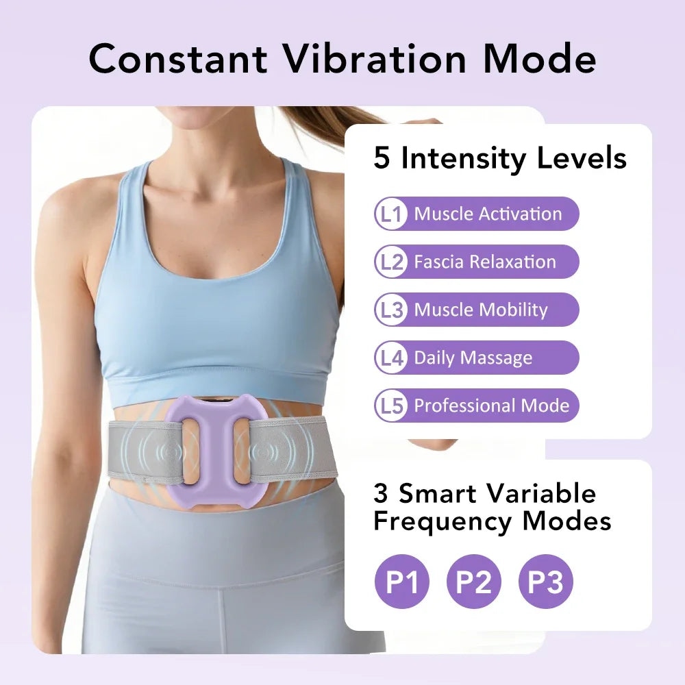 A woman is wearing a light blue body massage ring on her abdomen, with text detailing 5 intensity levels and 3 frequency mode