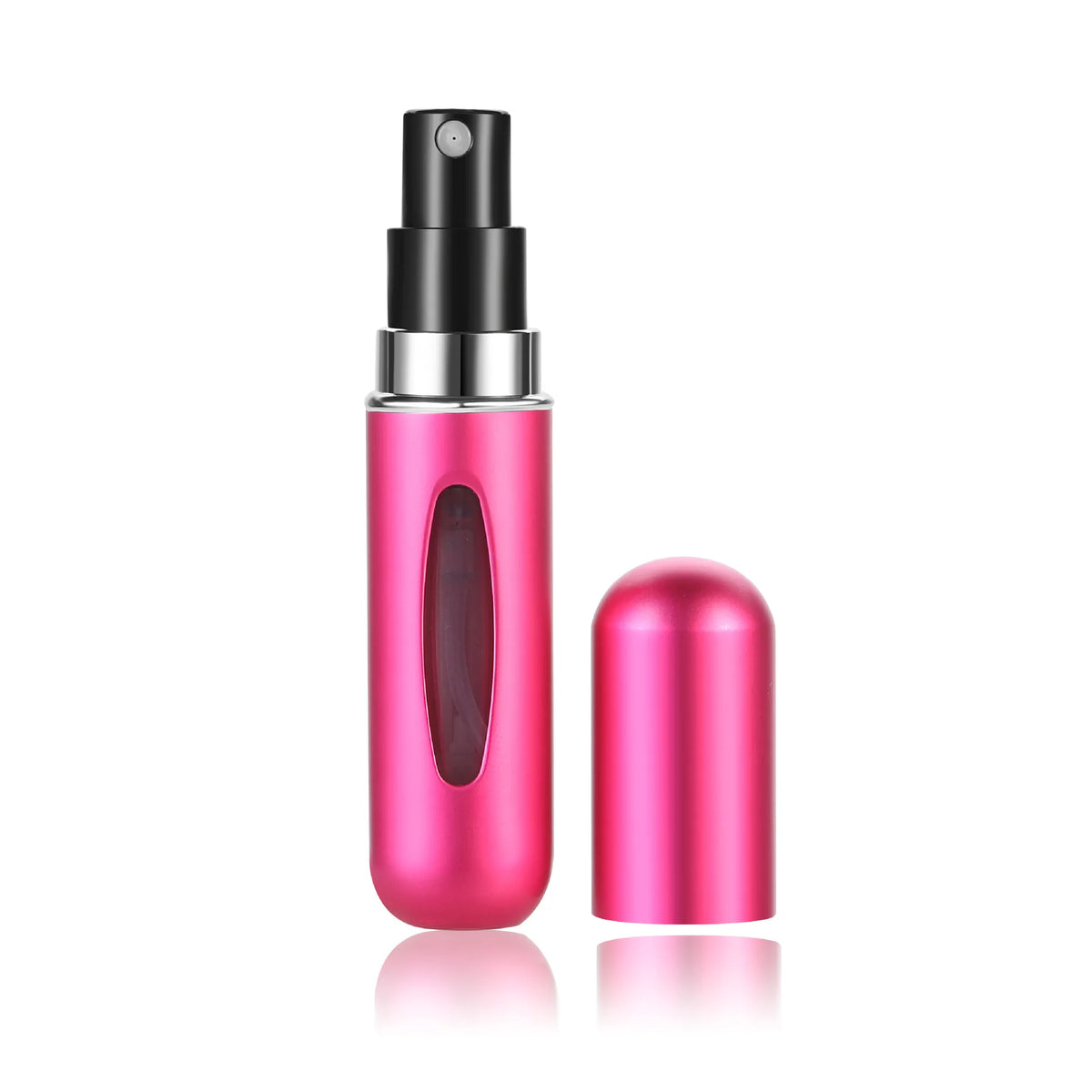 A pink glass perfume bottle with a black spray top and a separate pink refill bottle.