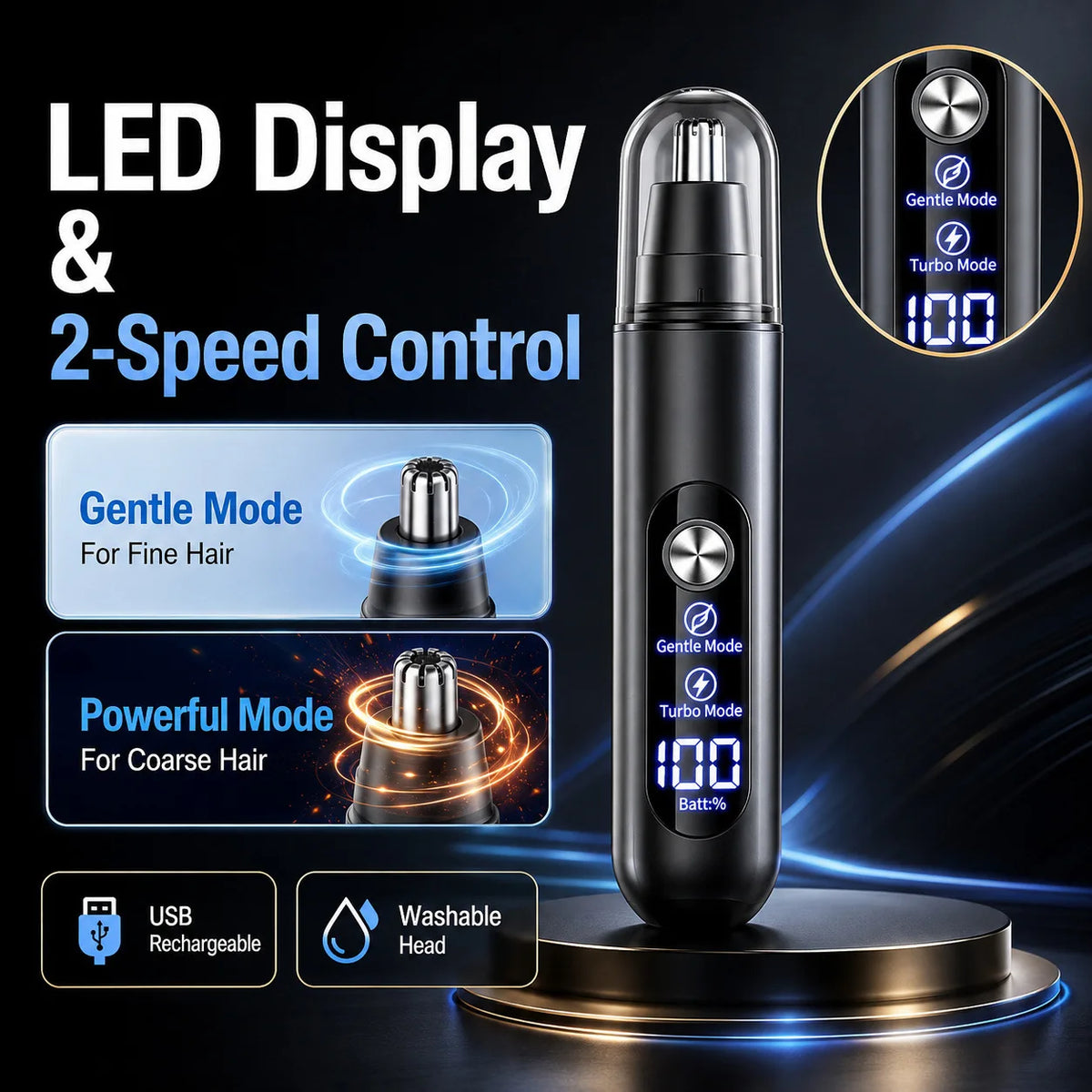 Schwarzer Elektrik-Haartrimmer mit LED-Anzeige für Gentle und Turbo Modi.
