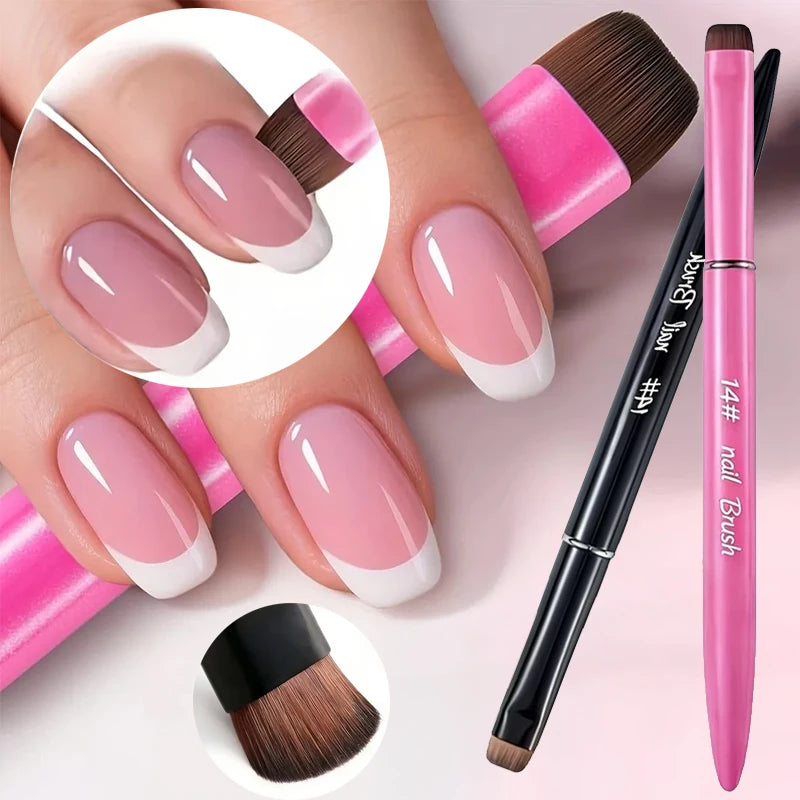 A set of three precision nail brushes in pink and black are shown on a hand, with a brush tip detail visible.