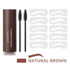 A brown tube of eyebrow powder with two brushes and multiple eyebrow stencils shown against a white background.