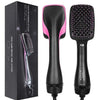 Black and pink professional hot air brush hair styling tool shown with its packaging and separate brush head.
