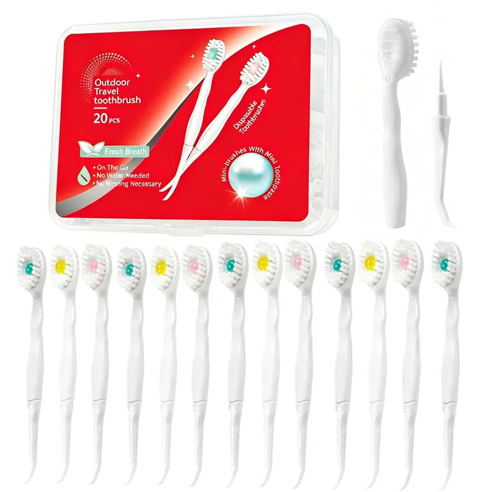 Un set de brosses à dents jetables blanc avec manche et rasp de langue, montré dans un récipient transparent.